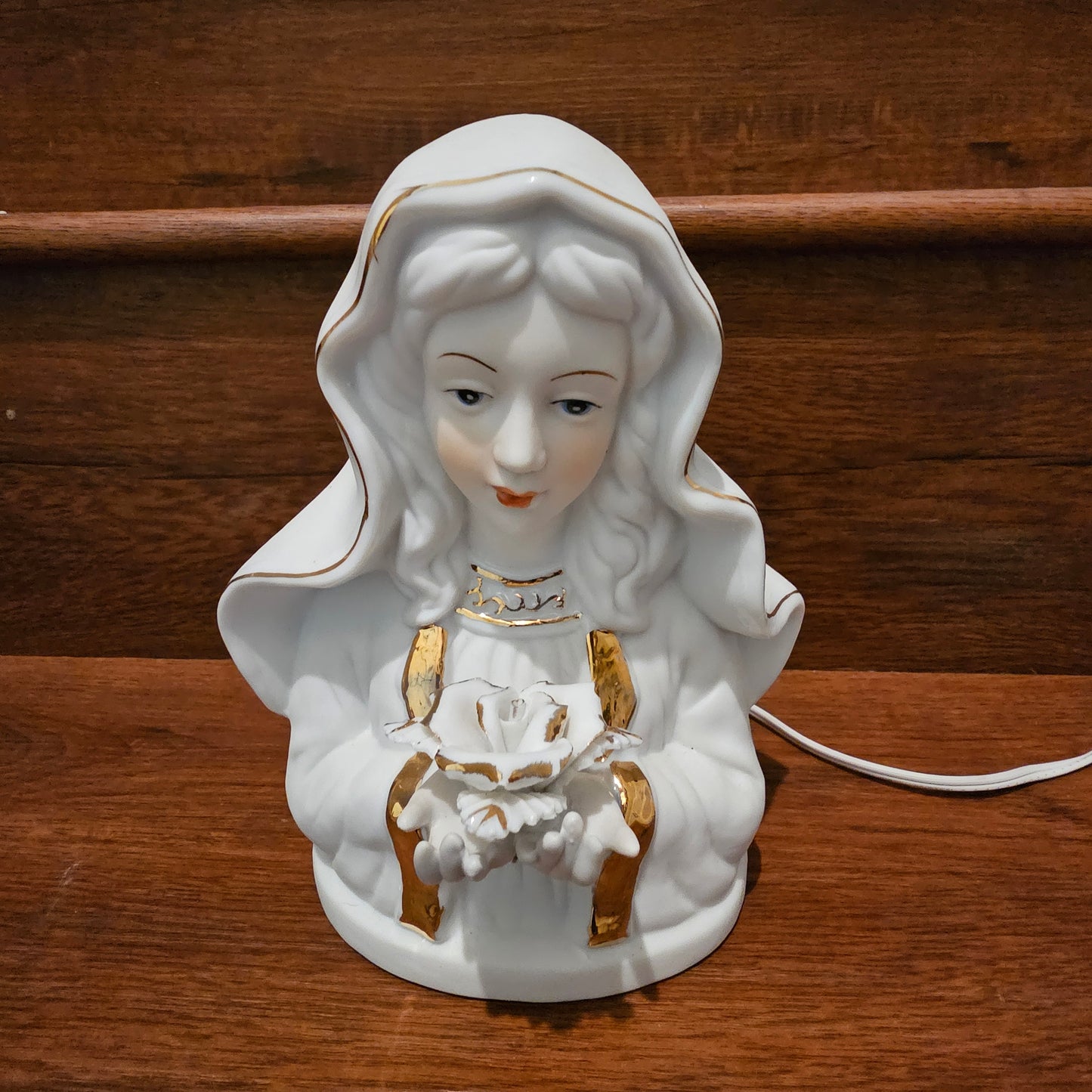 White Bisque Ceramic Virgin Mary Electric Plug In Night Light with Gold Accent Trim