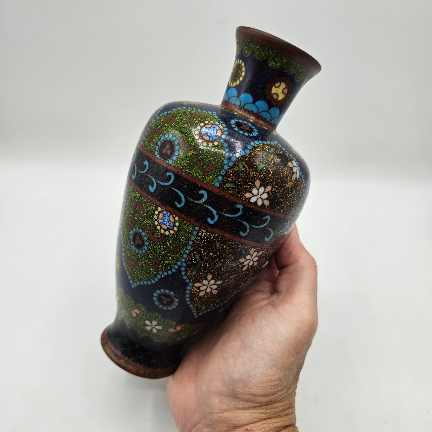 Vintage Champleve (Cloisonne) Enamelled Japanese / Asian Bud Vase with Flowers and Butterflies