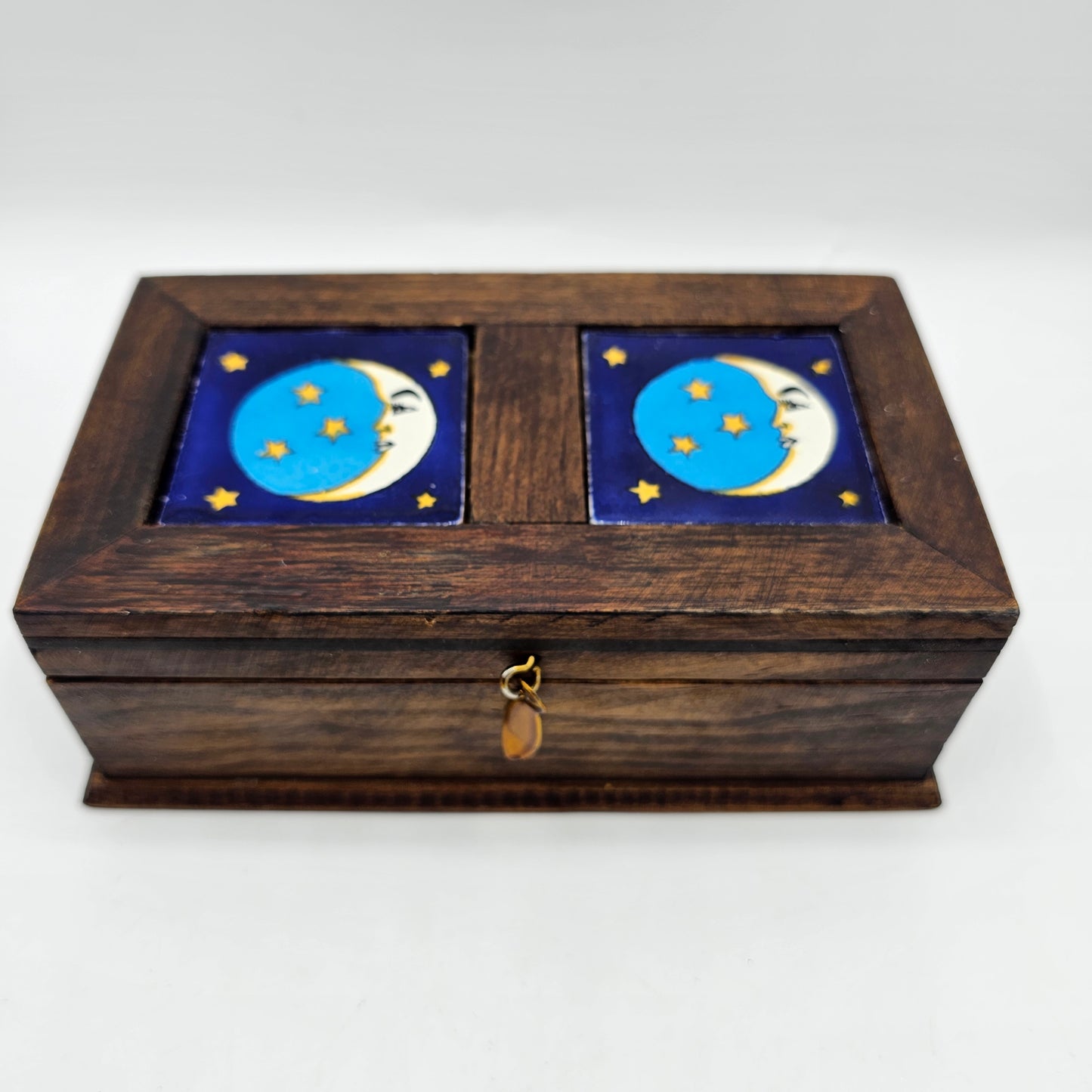 Hinged Wooden Stash Box with Moon and Stars Tiles