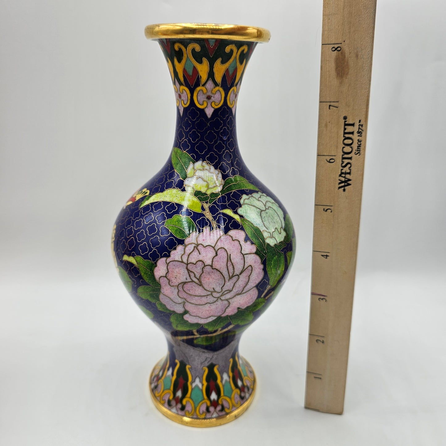 Cloisonne Enamel on Brass Vase with Blue Base