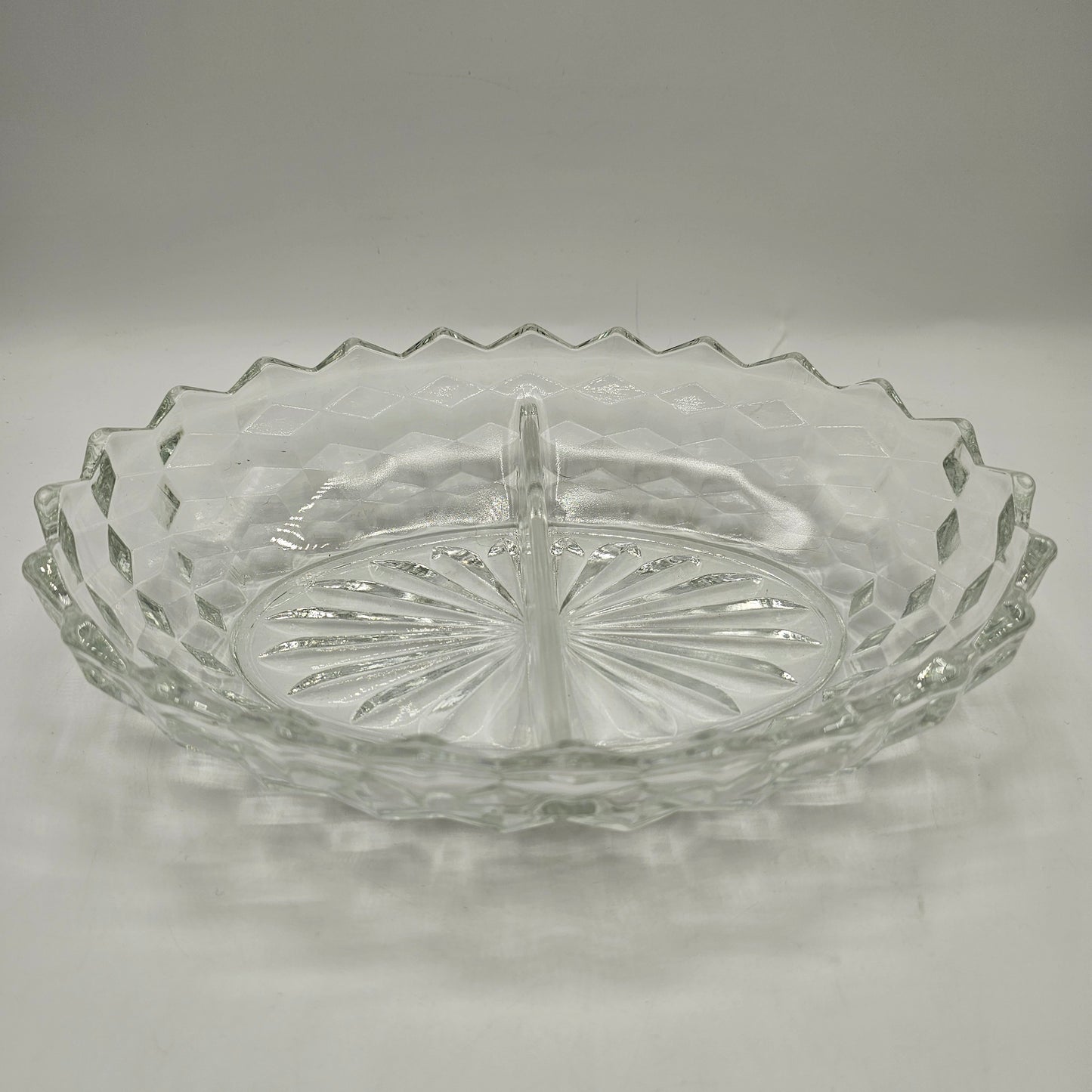 Vintage Divided Oval Cubist / American Pattern Clear Glass Candy / Nut Dish Scalloped Edge