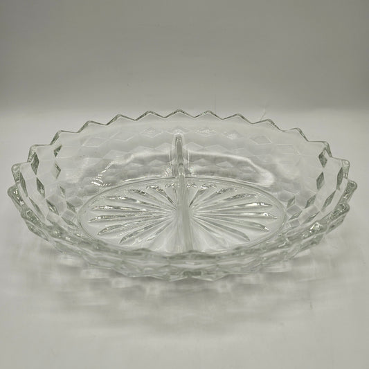 Vintage Divided Oval Cubist / American Pattern Clear Glass Candy / Nut Dish Scalloped Edge