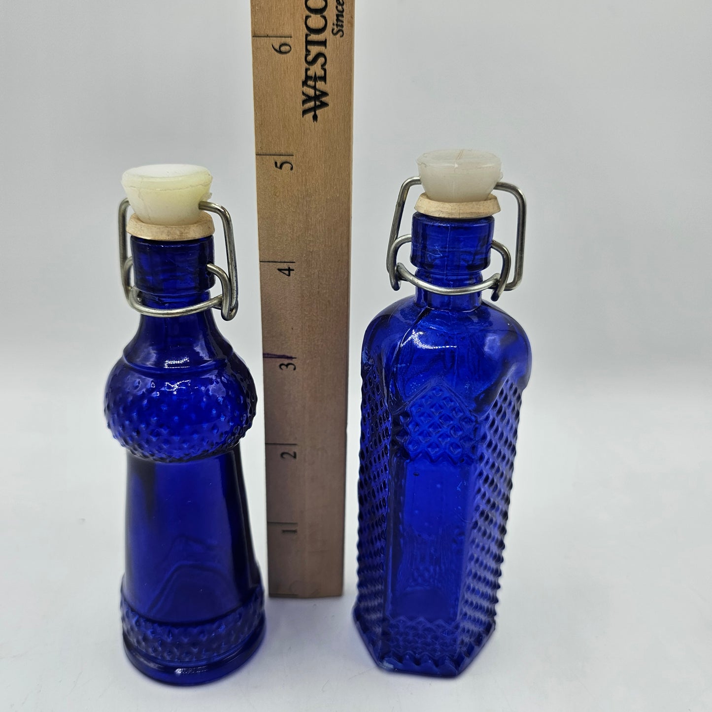 Small Cobalt Blue Flashed Glass Bottles with Wire Bail Stoppers - Set of 2