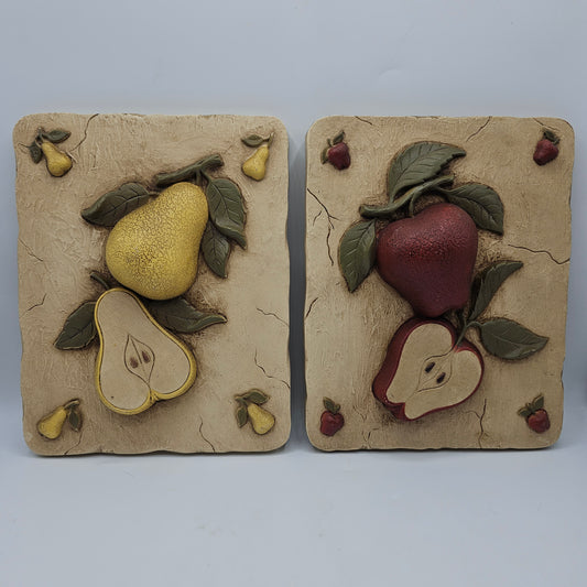 Vintage Apple and Pear Fruit Wall Plaques by Home Interiors "Homco"