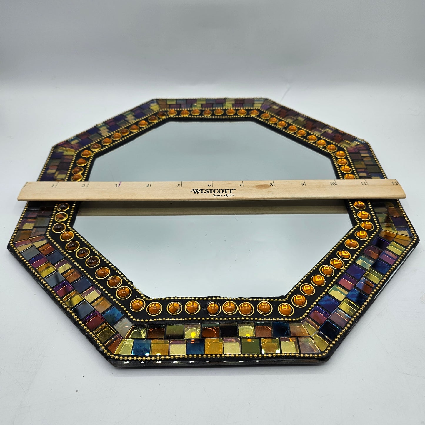 PartyLite Hexagonal Mosaic Glass Framed Wall Mirror / Vanity Tray 11" Diameter **damage noted**