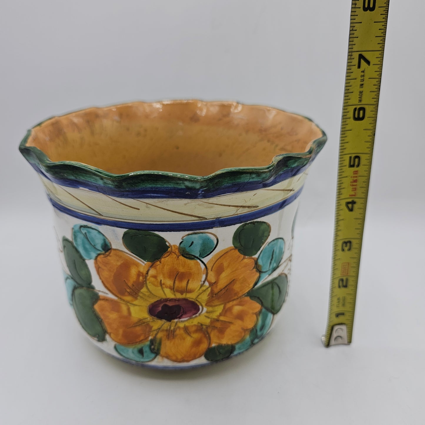 Italian Hand Painted Majolica Style Ceramic Floral Planter with Sgraffito Detail