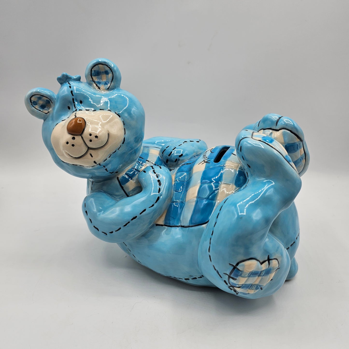 Blue Sky Clayworks Blue Bear Piggy /Coin Bank with Stopper - Signed Heather Goldminc