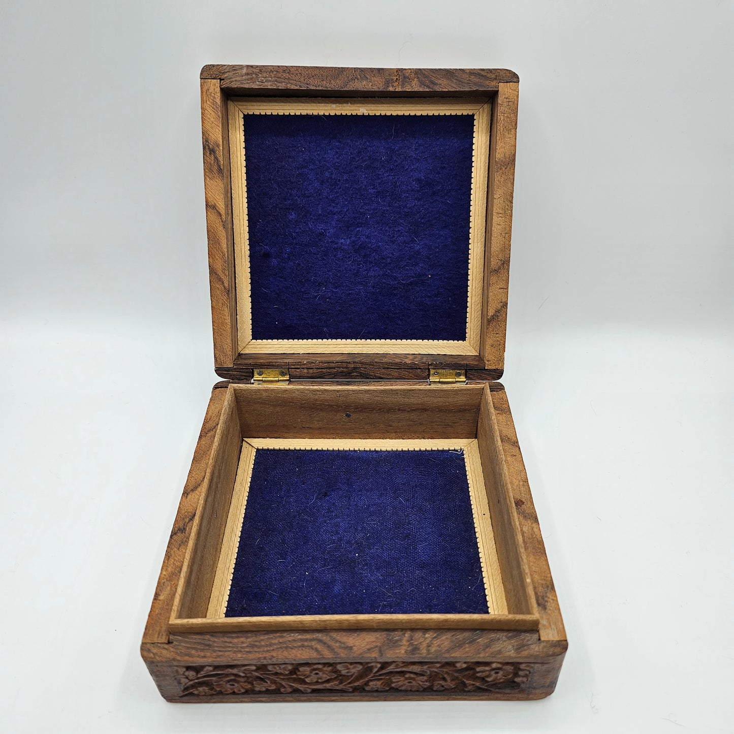 Square Hand Carved Inlaid Wooden Jewelry Box with Hinged Lid