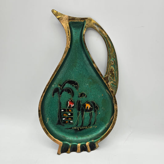 Vintage Judaic Green and Brass Ashtray with Painted Camel - Jerusalem Souvenir
