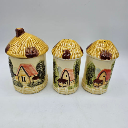 Marks Rosenfeld Farmhouse Salt and Pepper Shakers and Lidded Mustard Pot /Sugar
