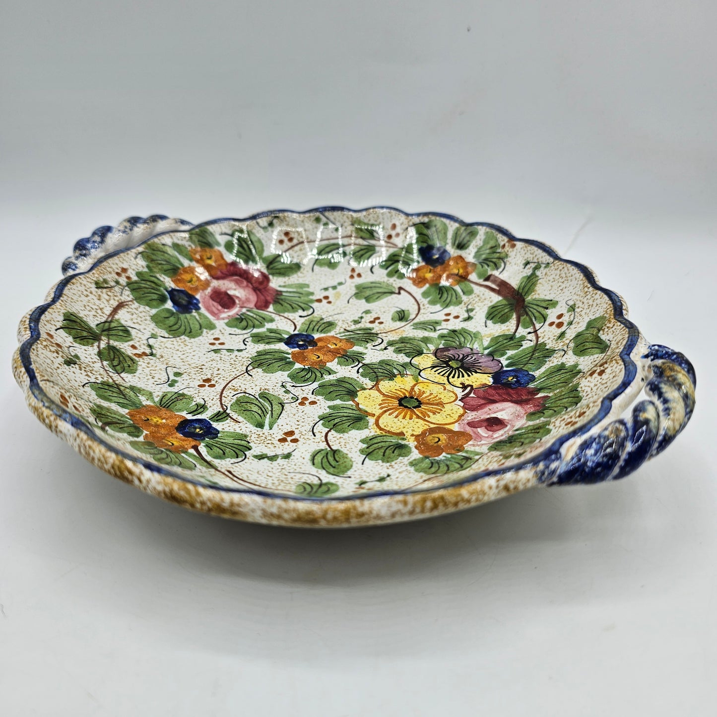 Hand Painted Floral Italian Ceramic Bowl with Handles