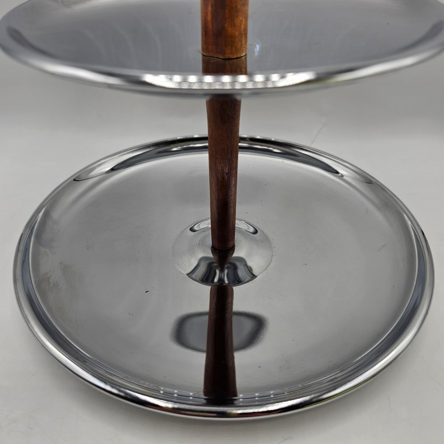1960's Kromex Chrome 2-Tiered Tidbit Tray or Bathroom Stand with Teak Wood Handle