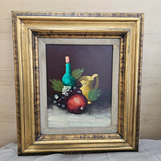 Wood Framed Original Oil Painting - Still Life of Fruit and Wine - Signed Riccard 15" x 17"