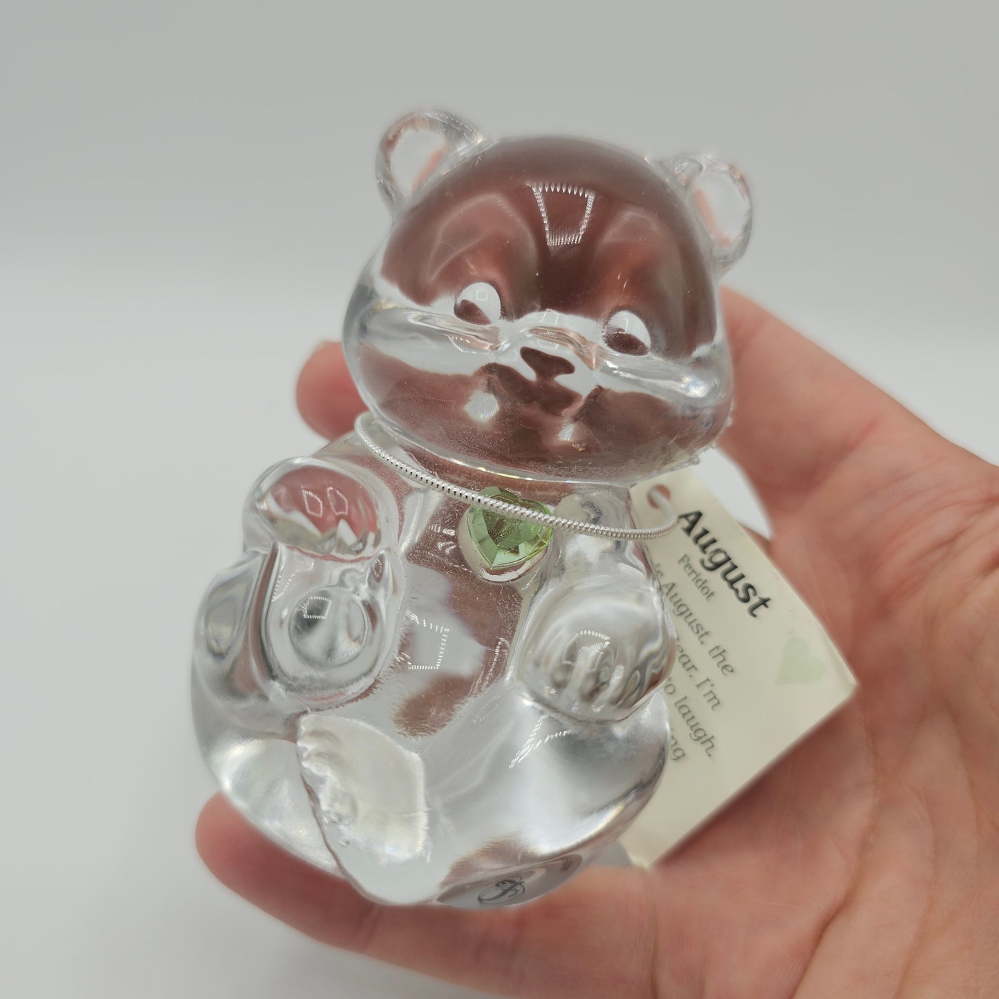Fenton Clear Crystal Birthday Bear with Peridot Birthstone Heart - August