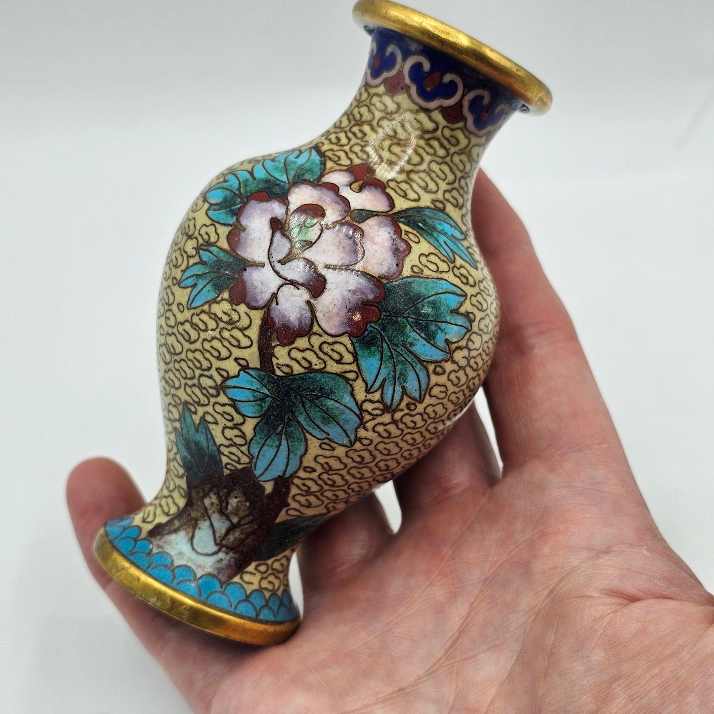 Enamelled Cloisonne Style Bud Vase - Gold Tone Metal with Floral Design