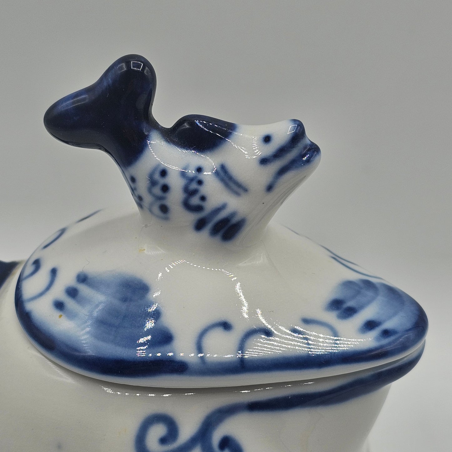 Vintage Russian Gzhel Blue and White Porcelain Lidded Creamer with Figural Fish