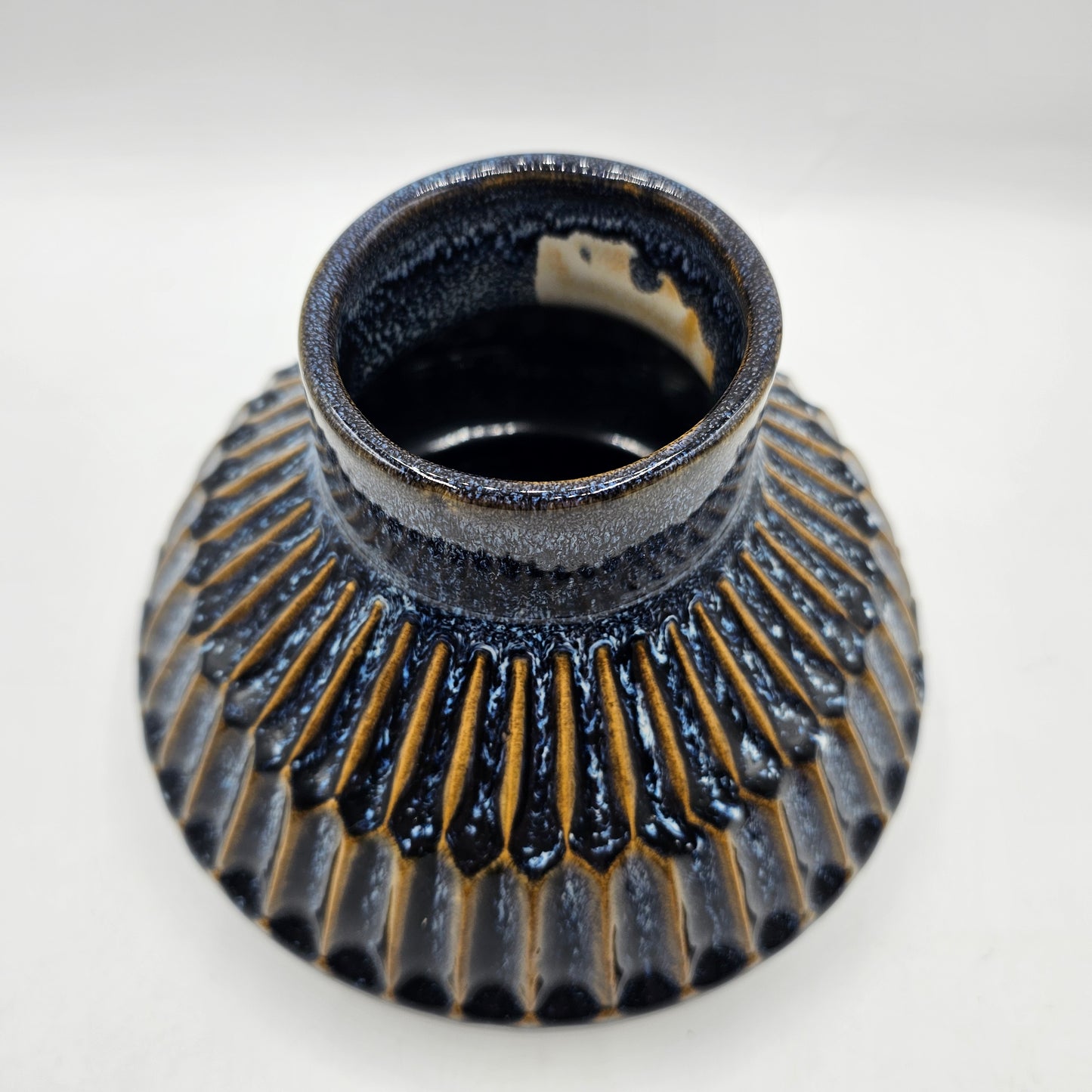 Italian Bitossi Style Blue Squat Vase with Textured Drip Glaze