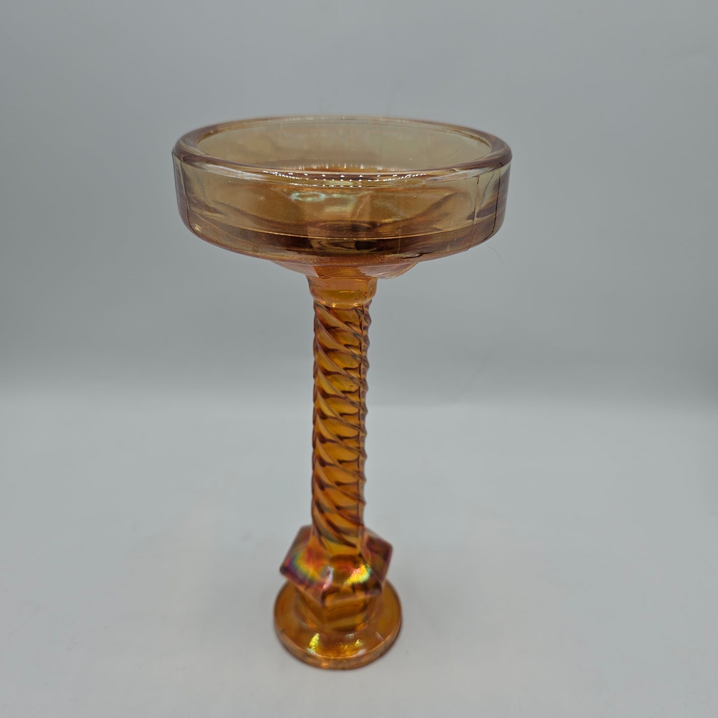 Vintage Iridescent Marigold Carnival Glass Candlestick with Wide Base (damage noted)