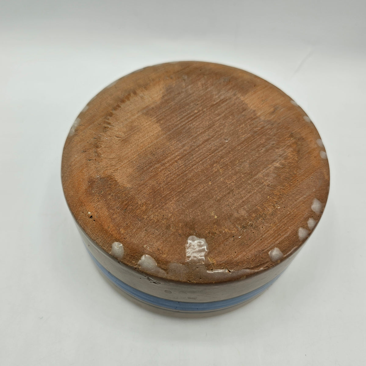 Pottery Crock Bowl with Blue Interior and Blue and Black Stripes