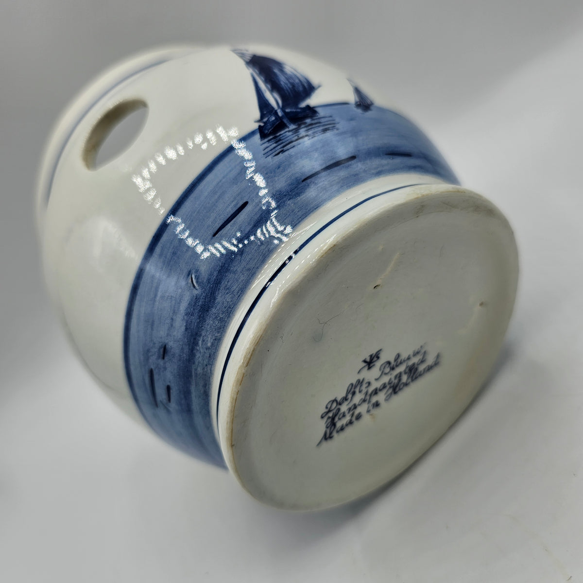 Vintage Delft Blue Tulip Bulb Pot with Windmill - Signed Made in Holland (damage noted)
