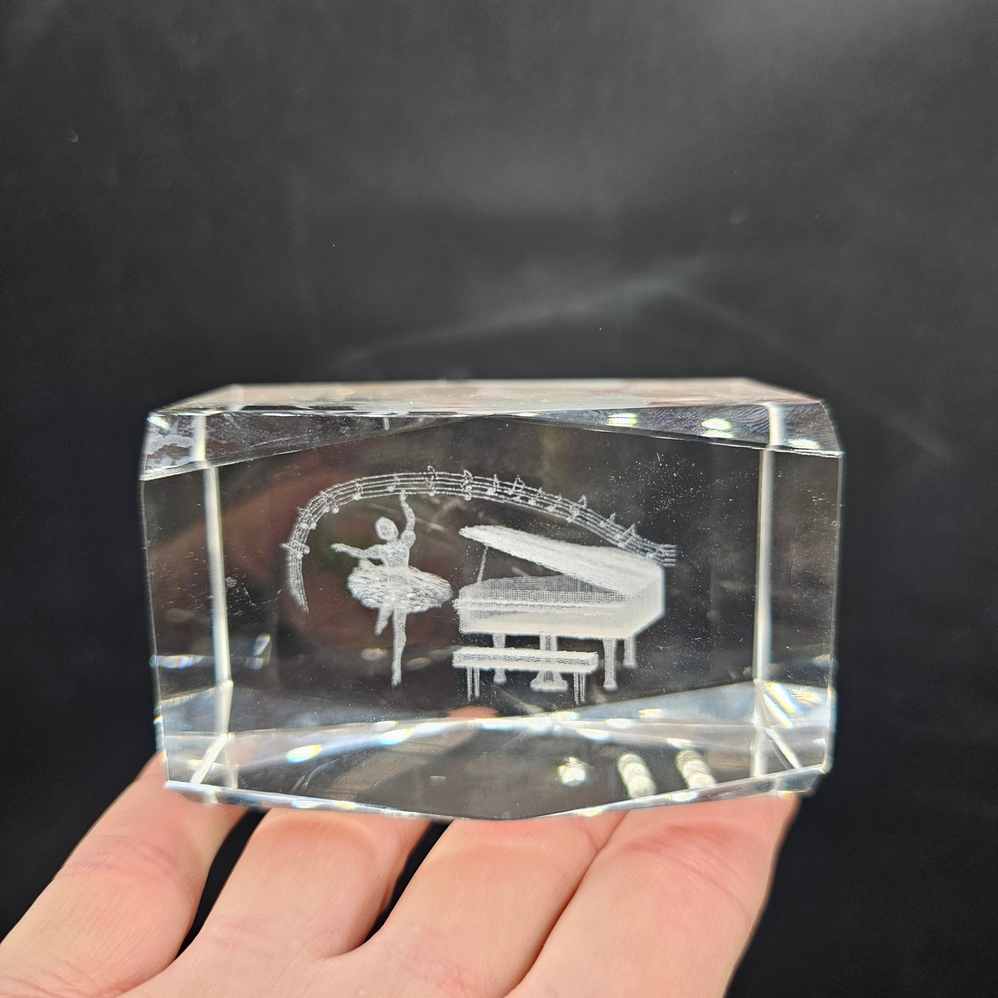 3D Glass Paperweight with Ballerina, Grand Piano and Musical Notes