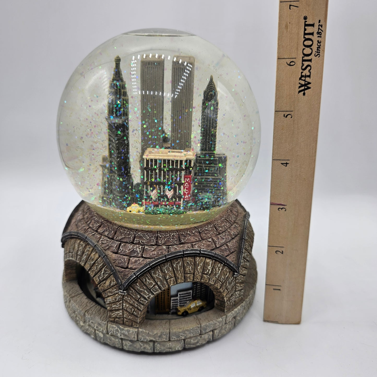 Vintage Macy's Twin Towers New York City Skyline and Driving Cars Animated Musical Snow Globe