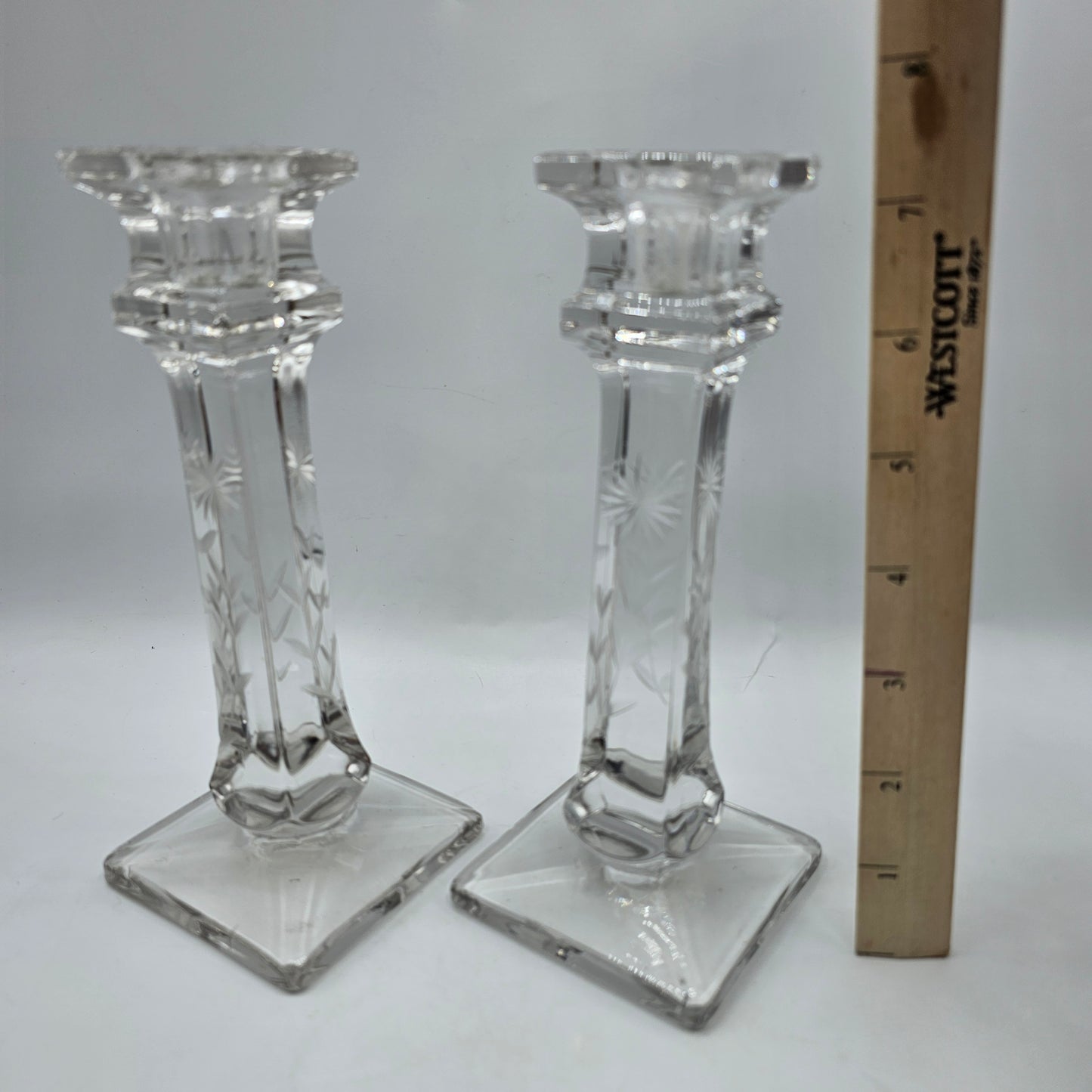 Vintage Etched Glass Taper Candlestick Pair