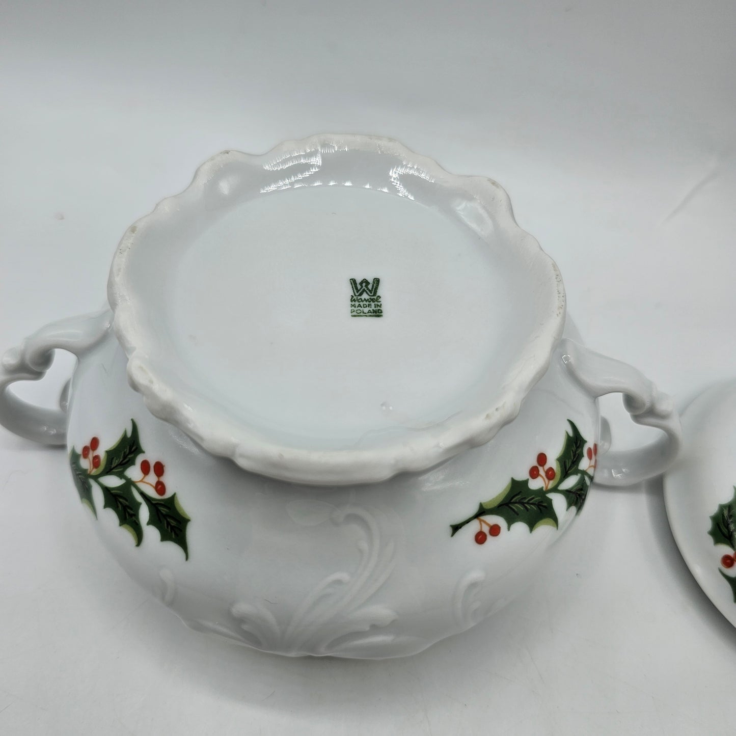 Vintage Wawel of Poland Covered Sugar Bowl with Holly Berry Design and Handles