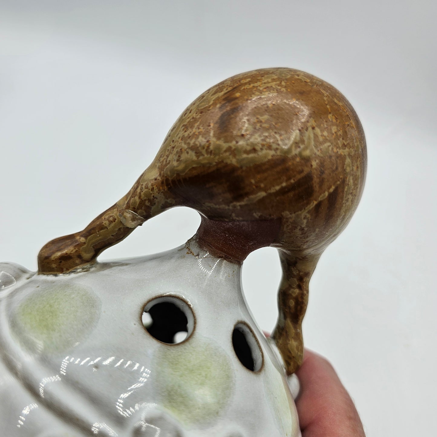 Vintage Scandinavian pottery candle holder 1970s girl with green dots glaze