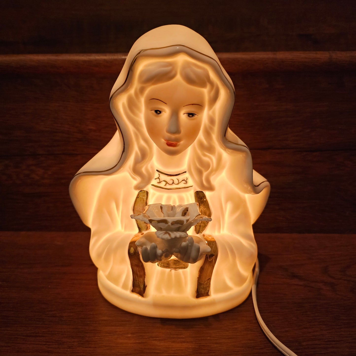White Bisque Ceramic Virgin Mary Electric Plug In Night Light with Gold Accent Trim