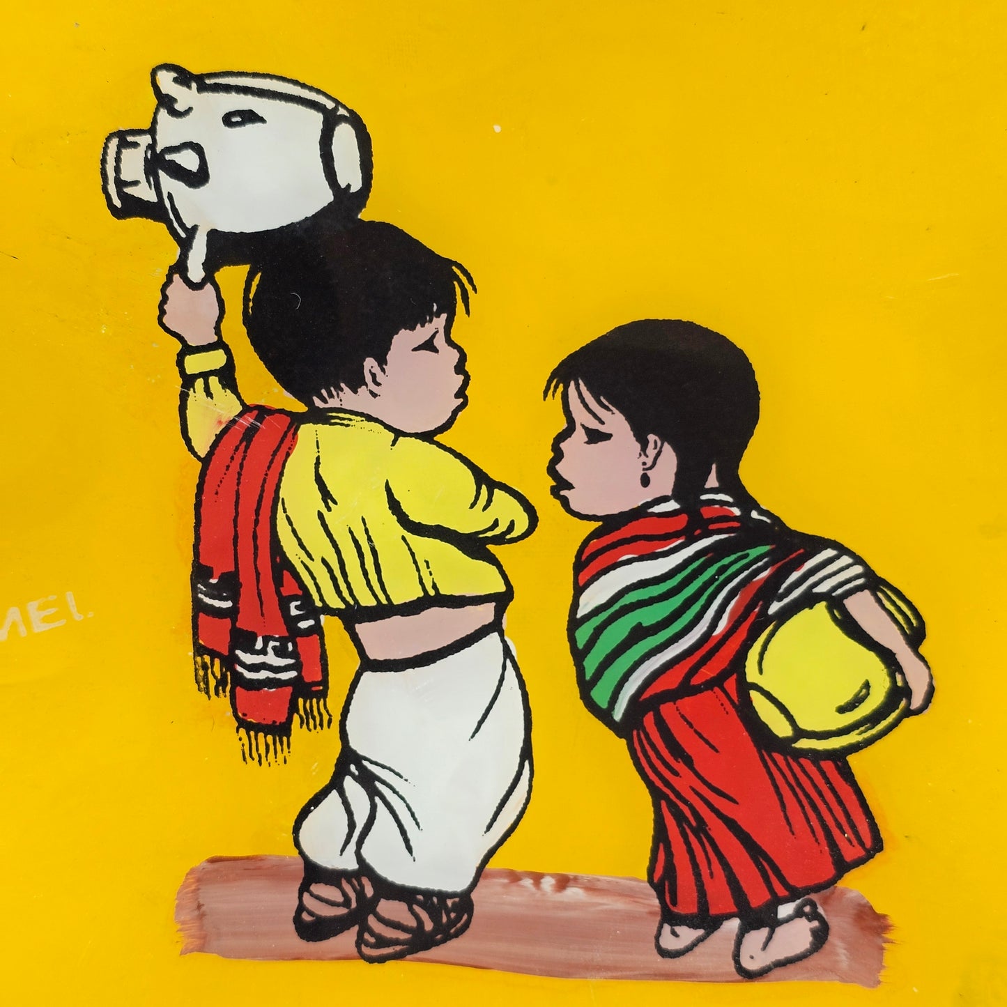 Decorative Yellow Ruffled Edge Mexican Folk Art Plate Marked Cozumel with Hook for Hanging