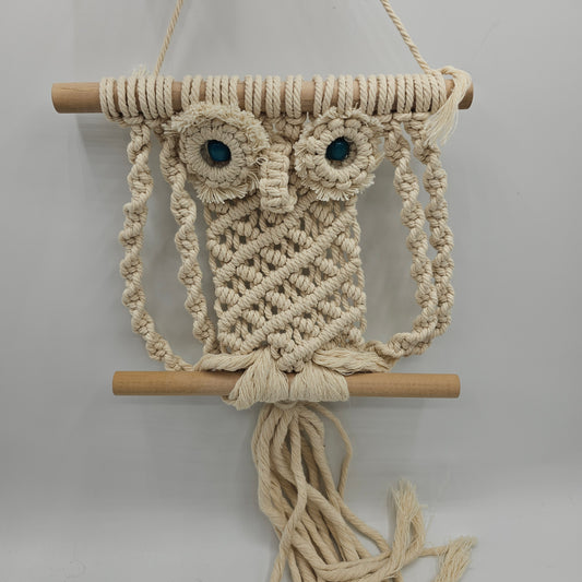 Macrame Owl with Blue Bead Eyes