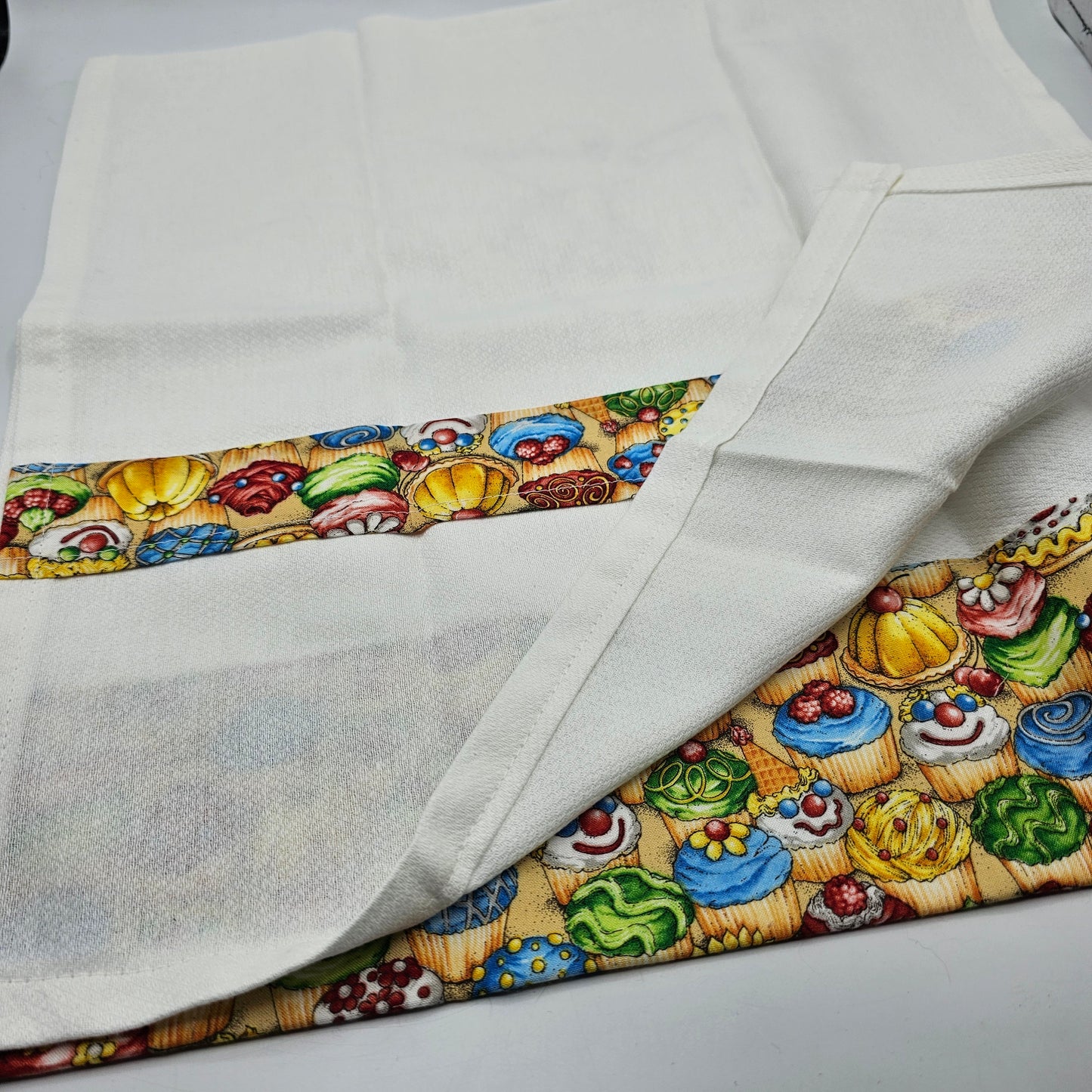 Embroidered Sunbonnet Sam with Fishing Pole and Tackle Box on Kitchen Tea Towel with Cupcake Fabric