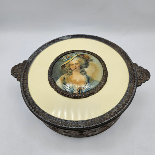 Antique Victorian Vanity Dresser Lidded Footed Metal Box with Celluloid Top and Divided Glass Insert - damage noted