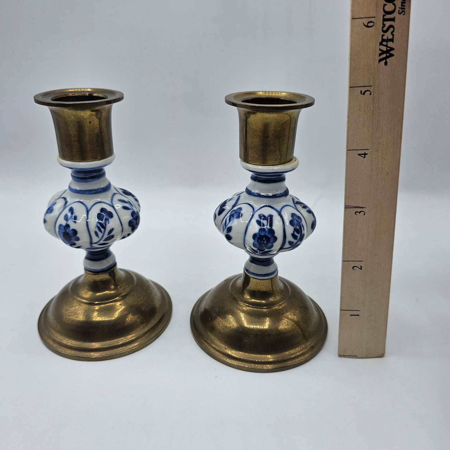 Vintage Brass with Blue and White Porcelain Delft Candlestick Pair