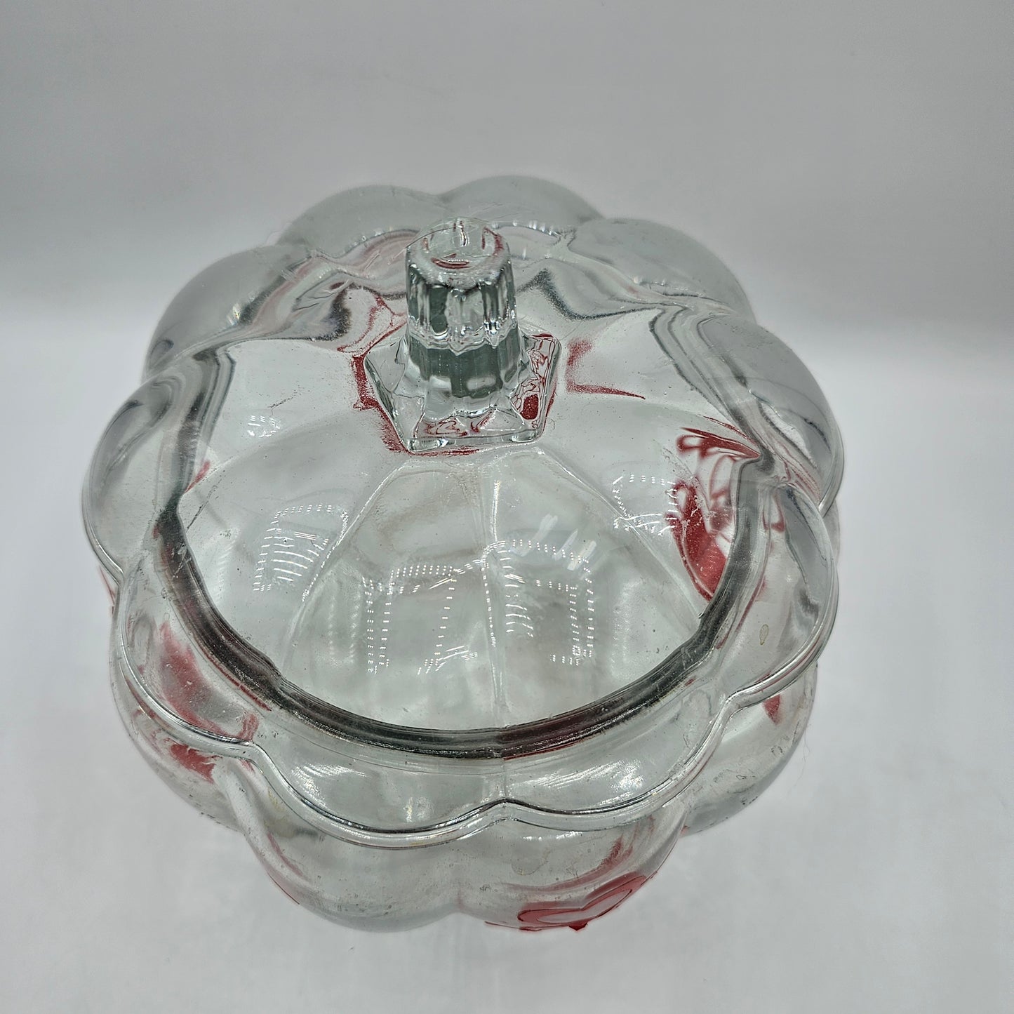 Glass Pumpkin Lidded Cookie Jar with Red Coffee Stickers (easily removed)