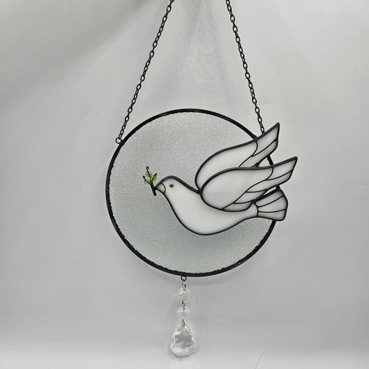 Peace Dove Stained Leaded Glass Suncatcher with Crystal Accents