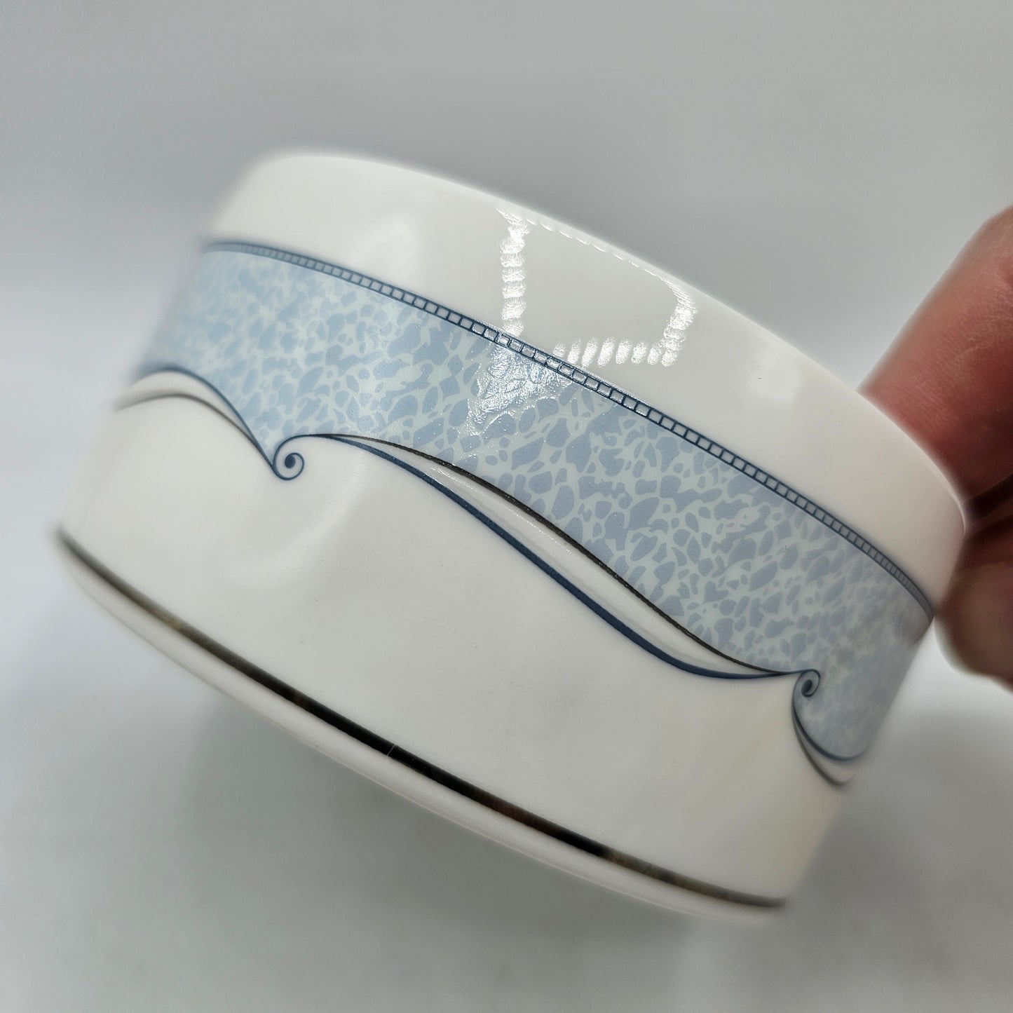 Wedgewood Venice Bone China Round Trinket Box in Pale Blue with Silver Scrolls