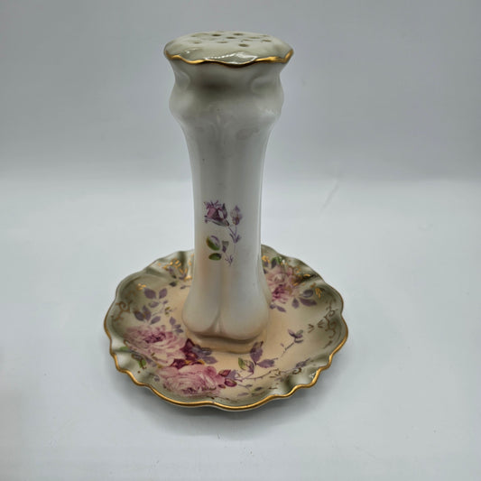Vintage Hand Painted Porcelain Floral Hat Pin Holder with Ring Dish