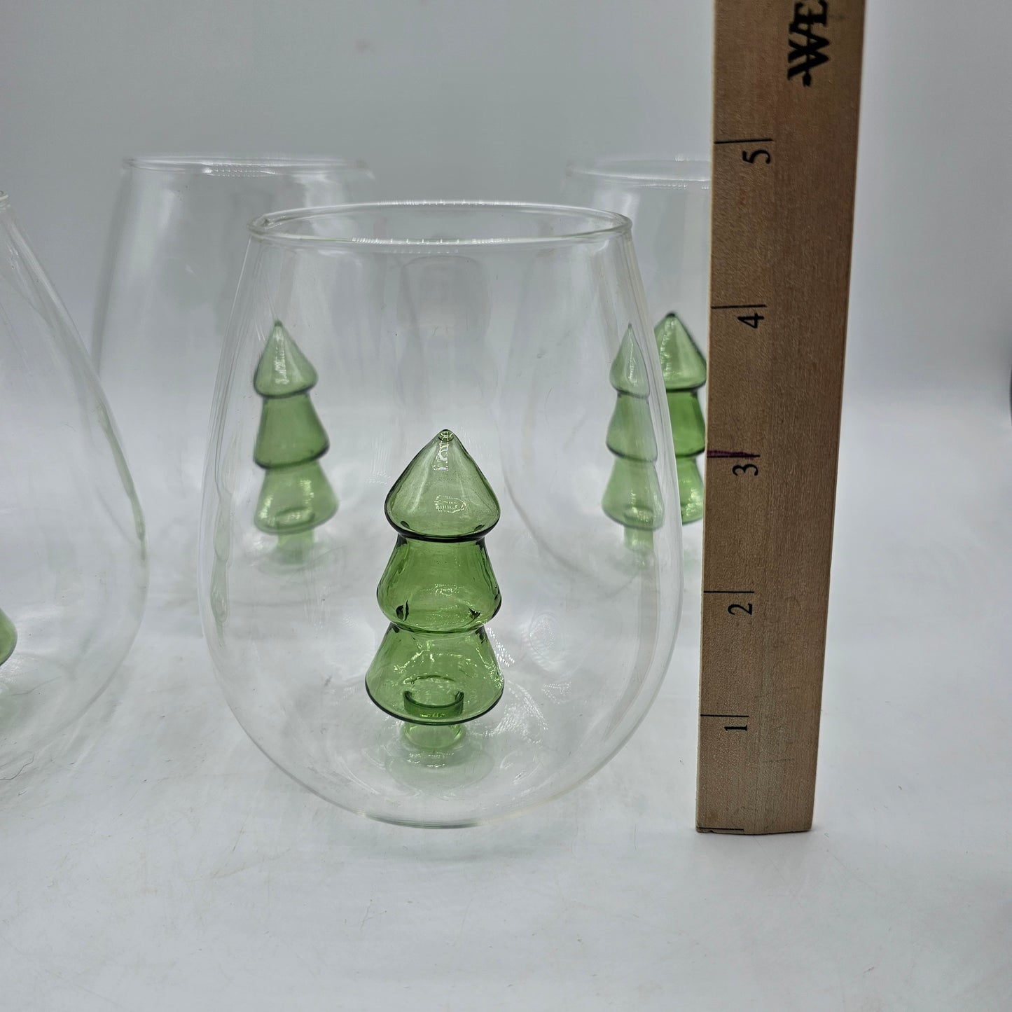 Anthropologie Stemless Wine Glasses with Figural Green Glas Christmas Tree Inside - Set of 4