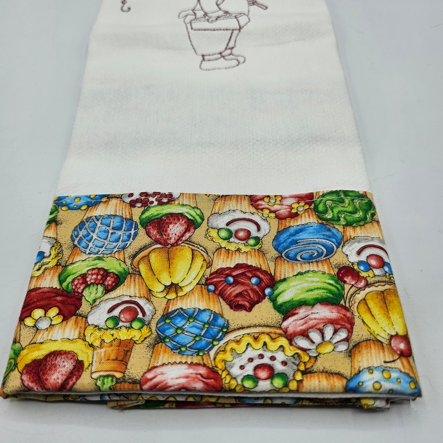 Embroidered Sunbonnet Sam with Fishing Pole and Tackle Box on Kitchen Tea Towel with Cupcake Fabric