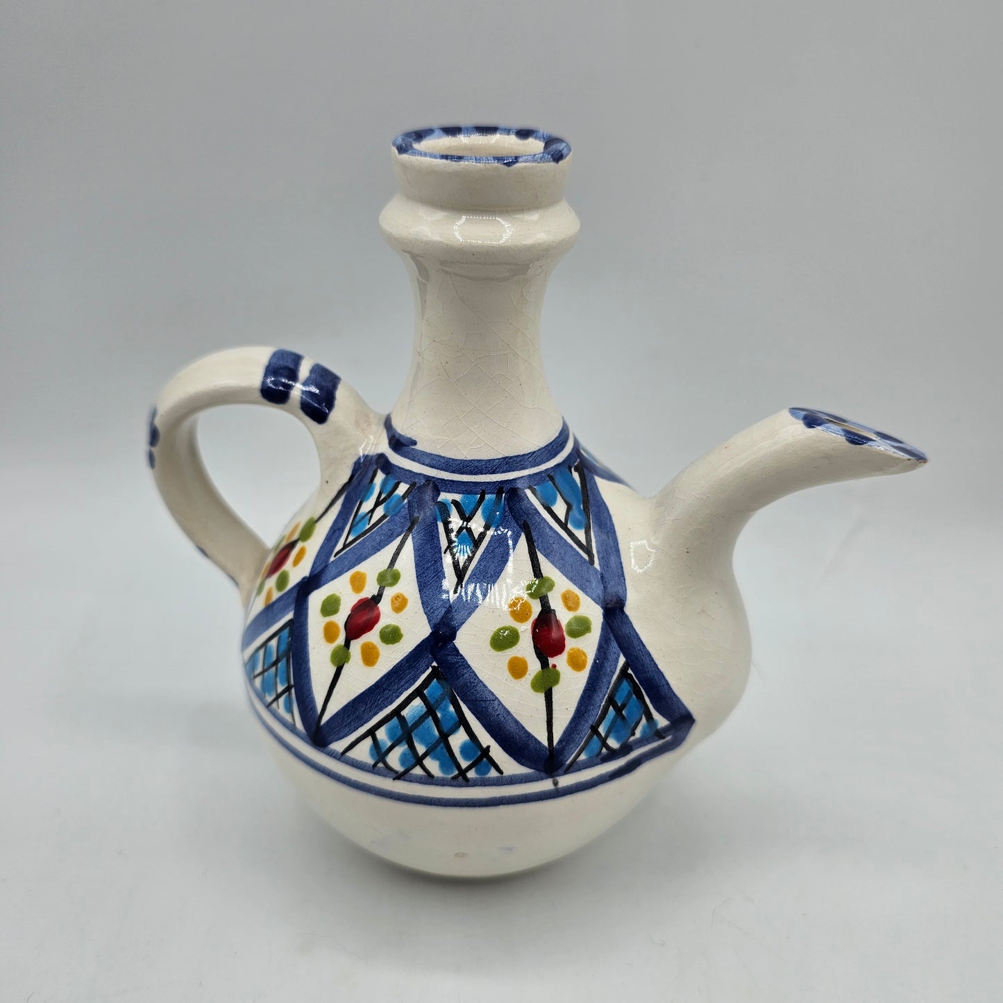 Hand Painted Pottery Bottle Artist Signed, Made in Tunisia