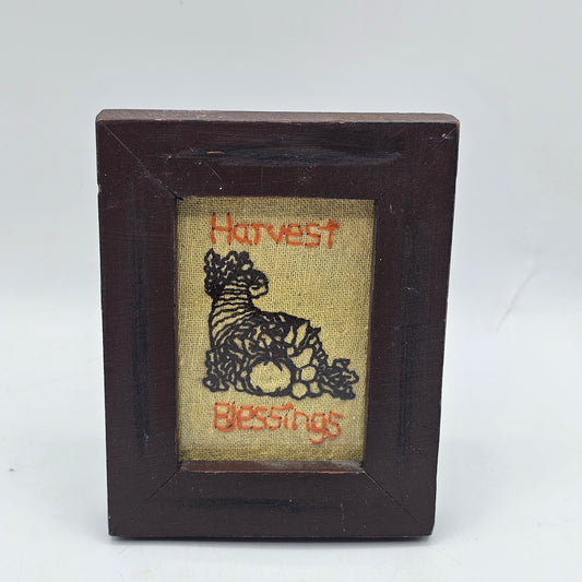 Vintage Mini Hand Stitched "Harvest Blessings" Cornucopia - Glass Framed Canvas