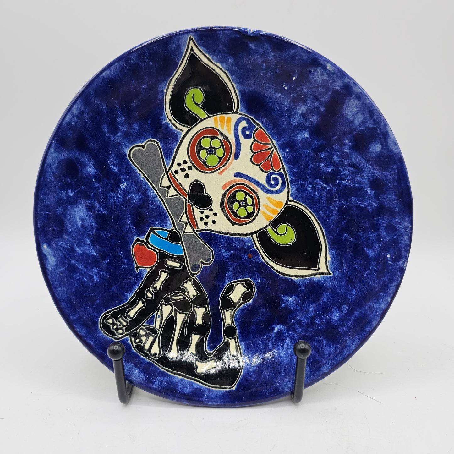 Artisan Signed Mexican Pottery Day of the Dead Decorative Dog Plate by Contreras (Ready to Hang)