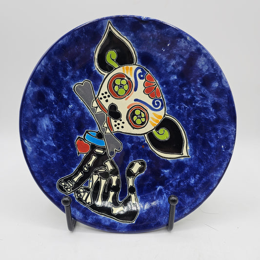 Artisan Signed Mexican Pottery Day of the Dead Decorative Dog Plate by Contreras (Ready to Hang)