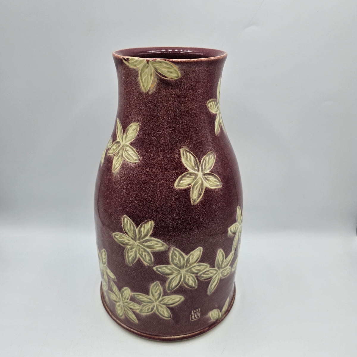 Large Glazed Artisan Pottery Purple Vase with White Flowers