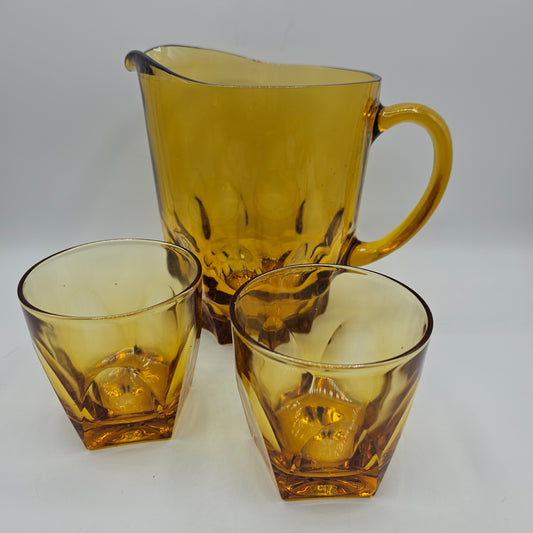 Vintage Amber Glass Pitcher and 2 Glass Tumblers
