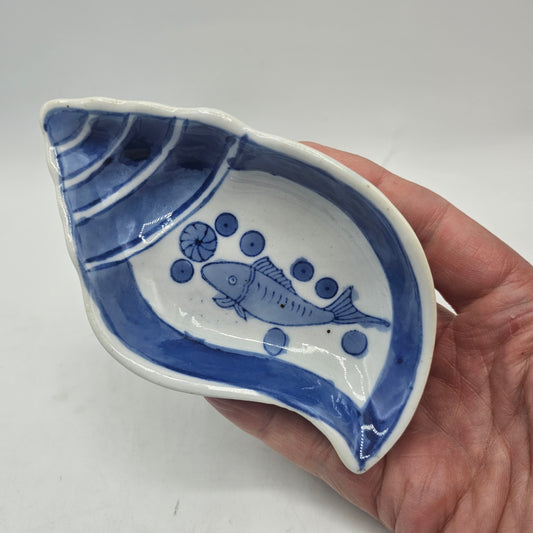 Small Blue and White Tower Shell Shaped Ceramic Trinket Dish with Fish Design