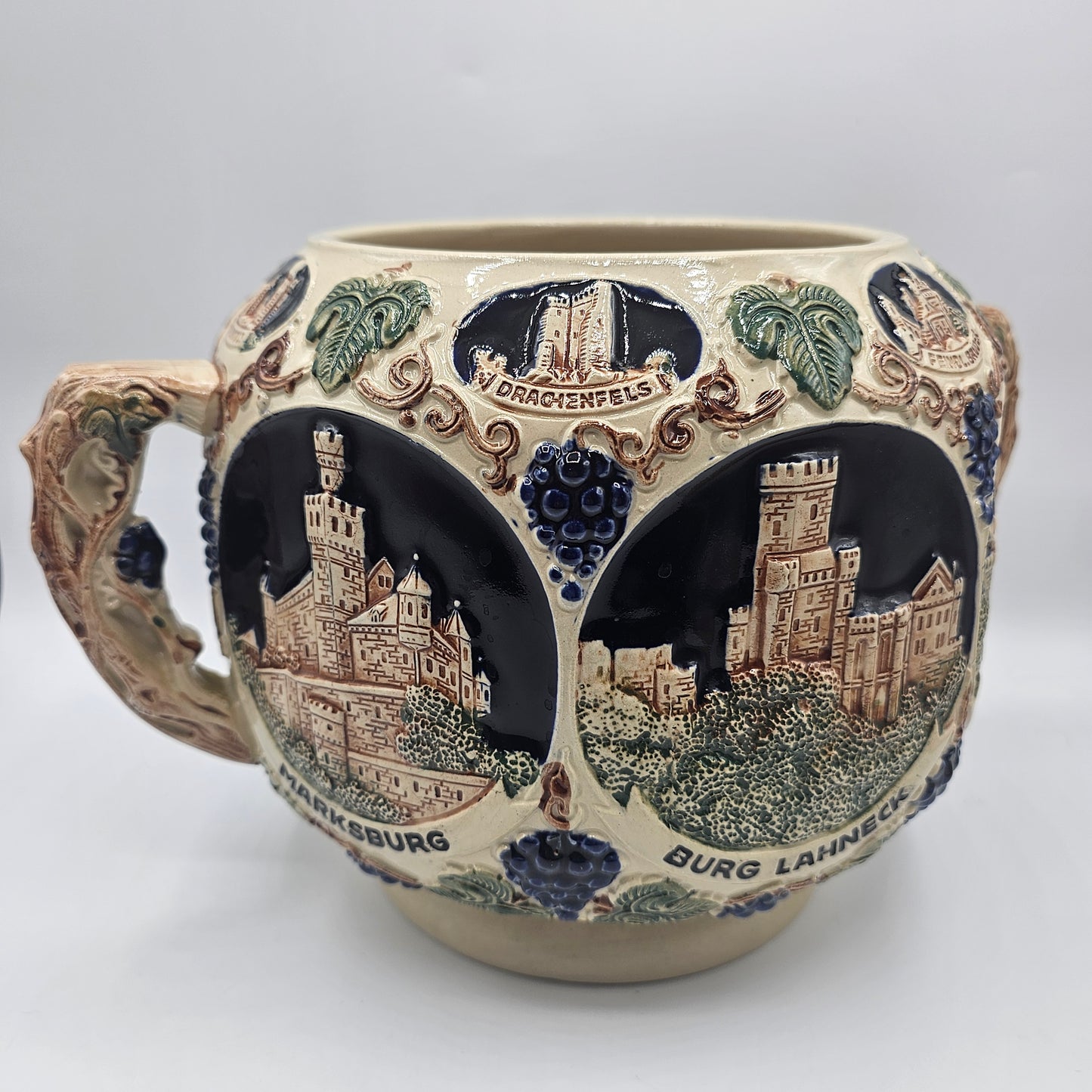 Vintage Gerz Gerzit German Rumtopf Stoneware Punch Bowl / Planter with Relief Rhine Castles