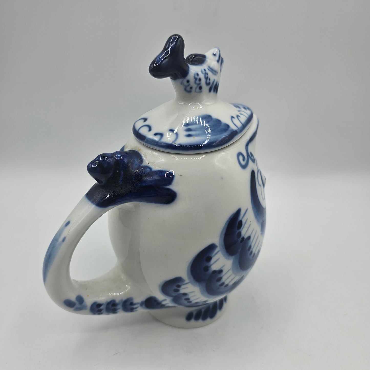 Vintage Russian Gzhel Blue and White Porcelain Lidded Creamer with Figural Fish